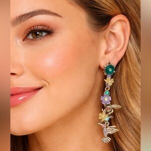 Betsey Johnson Hummingbird Long Earrings Whimsical Floral Romantic New